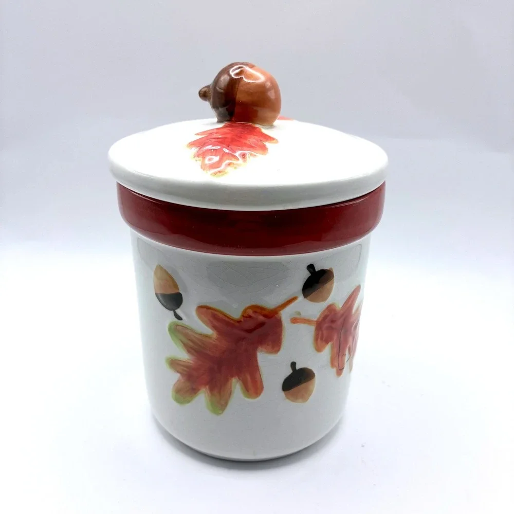 Ceramic Fall Canister 5.5in White Red Autumn Leaves Acorns Finial Lid